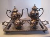 Wm. Rogers Silverplated Tea/Coffee Pots w/ Creamer, Covered Sugar Bowl