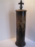 Plaster Cylinder w/ Metal Fleur De Lis Finial Lid Stoneware Finish