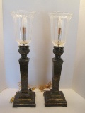 Pair - Banquet Candle Stick Lamps w/ Hurricane Shades, Metal Column
