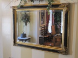 French Inspired Black Lacquer/Gilded Framed Beveled Mirror Embellished