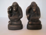 Pair - Plaster Reading Monkey Bookends Bronze Patina