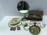 Misc. Lot - Small Standing Makeup Mirror, Designer Glasses, Bass Trinket Dish