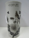 Semi-Porcelain Black/White Oriental Bird & Floral Design Cylinder Vase