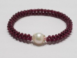 Sterling Silver Natural Garnet and Natural Freshwater Pearl Flexible Bracelet