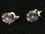 Gold Tone Purple Floral Earrings