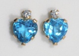 10kt Gold Blue Topaz, Cubic Zirconia Heart Shaped Earrings