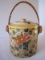 Vintage Cookie Jar w/ Reed Handle, Hand Painted Floral Design