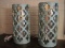 Pair - Moroccan Lattice Design Molded Cylinder Table Lamps Verdigris Patina