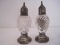 Pair - Crystal Diamond & File Pattern Salt/Pepper Shakers w/ Sterling Weighted Base/Lid