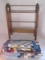 Small Decorative Pine Quilt Rack w/ Heart Shape Cut Out Sides 4 Block Pattern Quilts