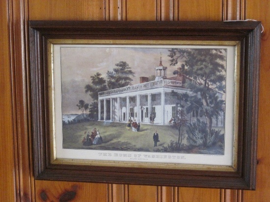 Currier & Ives "The Home of Washington" Mount Vernon, VA. Print in Wood Frame/Gilt Trim