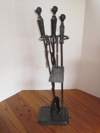 Cast Iron Fireplace Tool Set w/ Damper Hook & Stand Hammered Finish Handles