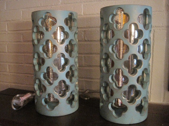 Pair - Moroccan Lattice Design Molded Cylinder Table Lamps Verdigris Patina