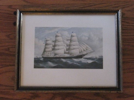 Schooner Sailing Ship Engraved in Gilded/Black Trim Frame