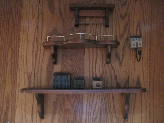 Lot - Riverbark Pine Shelf, 3 Wooden Block Building Hand Painted, Colonial House Wall Accent