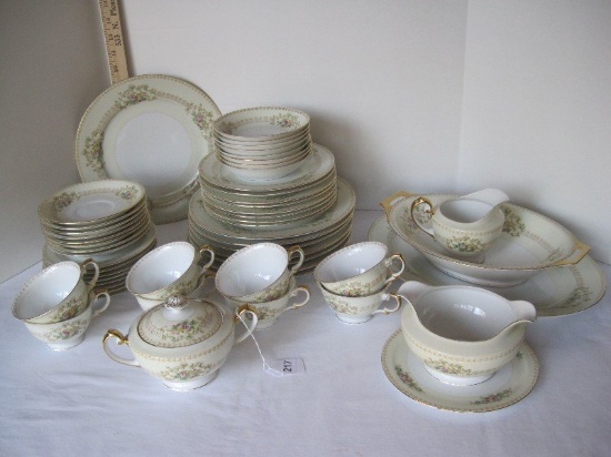 52 Piece - Meito China Arbor Pattern Tan Scrolls/Multifloral Rim Motif Dinnerware
