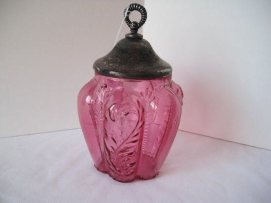 Northwood Cranberry Paneled Sprig Pickle Castor w/ Silverplated Lid