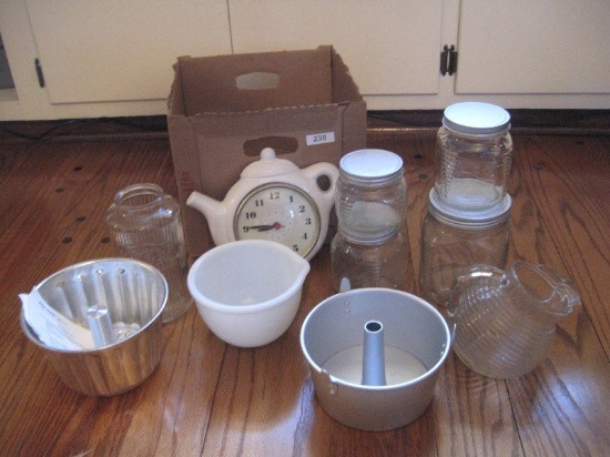 Lot - Pressed Glass Ring Pattern Bell Juice Pitcher, Milk Glass Mixing Bowl, 4 Glass Canisters