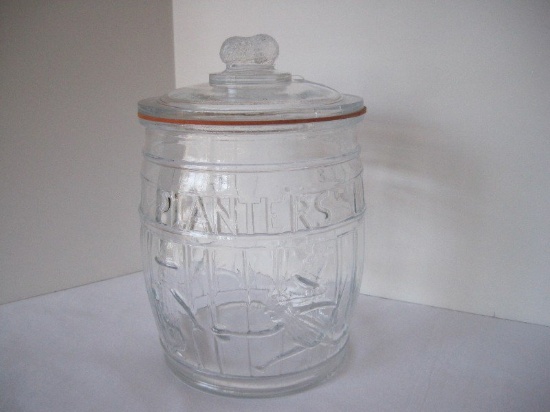 Planters Peanut Embossed Glass Advertising Canister Jar Barrel Design w/ Peanut Handle Lid
