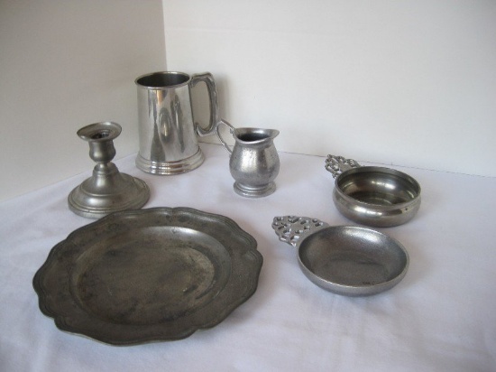 Pewter Lot - Queen Anne Plate 9", Wilton Porringer, Poole Porringer, Creamer