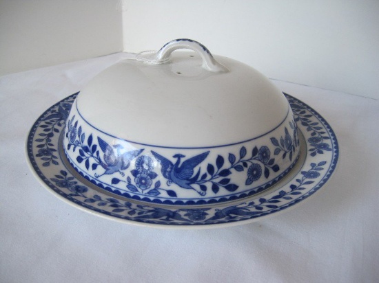 Nippon Royal Sometuke Blue/White Twin Phoenix Pattern Dome Covered Butter Dish