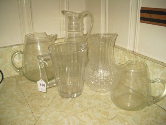5 Crystal/Pressed Glass Pitchers Panel, Diamond & Other Designs
