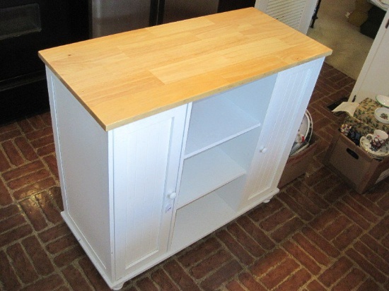 Natural Wood Top Kitchen Island w/ White Finish Base w/ Panel Doors & Center Shelving