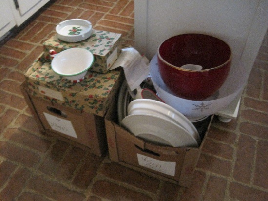 Lot - Misc. Christmas Dishes, Bowls, Candlesticks, Platters, Serving Pieces, Etc.