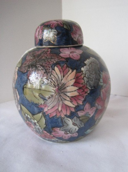 Semi-Porcelain Ginger Jar w/ Lid Hand Painted Floral Oriental Design