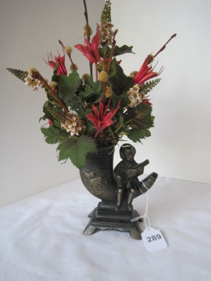 Decorative Metal Cornucopia/Boy w/ Instrument & Silk Flowers