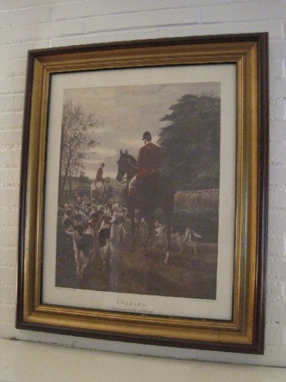 "Evening" Returning To The Kennels English Equestrian Scene Print in Dark Stain/Gilt Trim