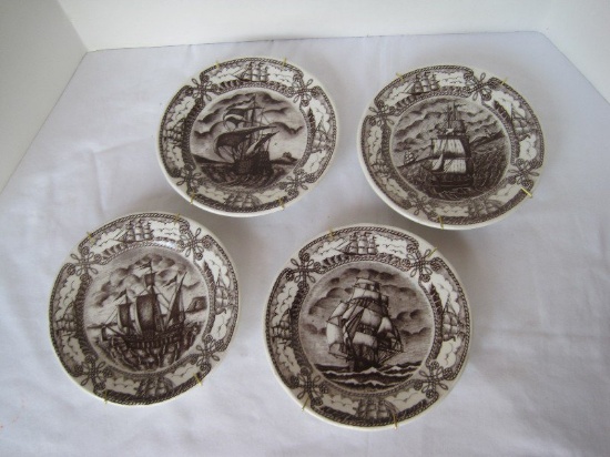 4 Nautical Motif Sail Ship Porcelain Plates w/ Wire Hangers