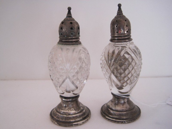 Pair - Crystal Diamond & File Pattern Salt/Pepper Shakers w/ Sterling Weighted Base/Lid
