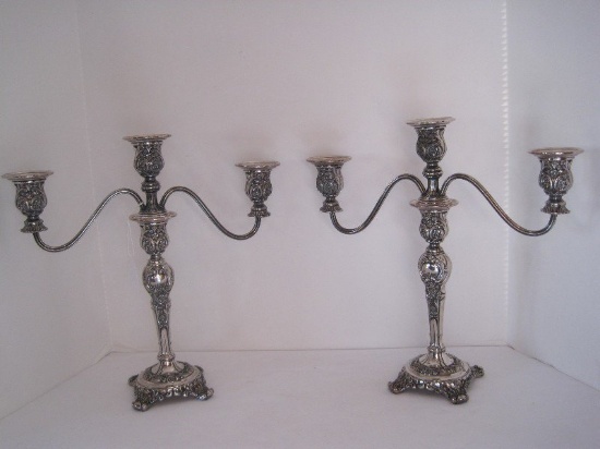 Pair - Wm. Rogers & Son Silverplate 3 Light Candelabra Embellished w/ Floral/Foliate Design