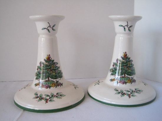 Pair - Spode China Christmas Tree Pattern Candle Sticks