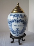 Delft Carolina Colonial Style Tobacco Jar w/ Brass Finial Lid & Stand w/ CoA