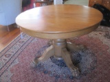 Oak Pedestal Table w/ Carved Paw Feet & Leaf