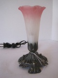 Single Lily White to Pink Accent Lamp on Ornate Embellished Base Antiqued Patina