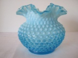 Fenton Blue Opalescent Hobnail Pattern Vase w/ Crimped Ruffled Edge