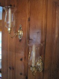 Pair - Williamsburg Style Brass Candle Wall Sconces w/ Glass Shades