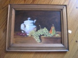 Still Life Teapot & Fruit Oil on Artist Board Signed Julian in Rustic Frame