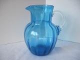 Hand Blown Azure Ribbed Panel Pitcher w/ Applied Clear Handle