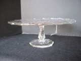 Pressed Glass Pedestal Cake Plate w/ Scalloped Edge Hobstar Pattern