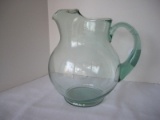 Green Pressed Glass Pitcher w/ Ice Lip & Applied Handle
