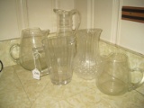 5 Crystal/Pressed Glass Pitchers Panel, Diamond & Other Designs