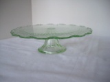 Green Pressed Glass Pedestal Cake Plate w/ Laurel Leaf Boarder Design