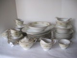 56 Pieces - Meito China Duke Pattern Tan Edge & Scrolls, Floral w/ Red Accent Dinnerware