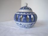 Semi-Porcelain Blue/White Oriental Design Potpourri Cupped Bowl w/ Pierced Lid