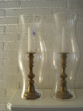 Pair - Colonial Style Brass Candlesticks w/ Hurricane Glass Shades
