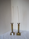 Pair - Brass Column on Plinth Base Candlesticks